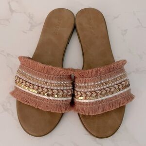 Like New Pink Fringe Pearl Sequin Boho Slide Sandals